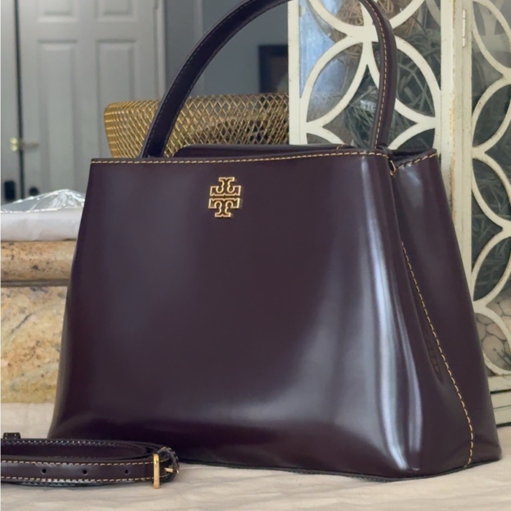 700+! New Women's Tory Burch BRITTEN SMOOTH SATCHEL TEMPRANILLO / Gold